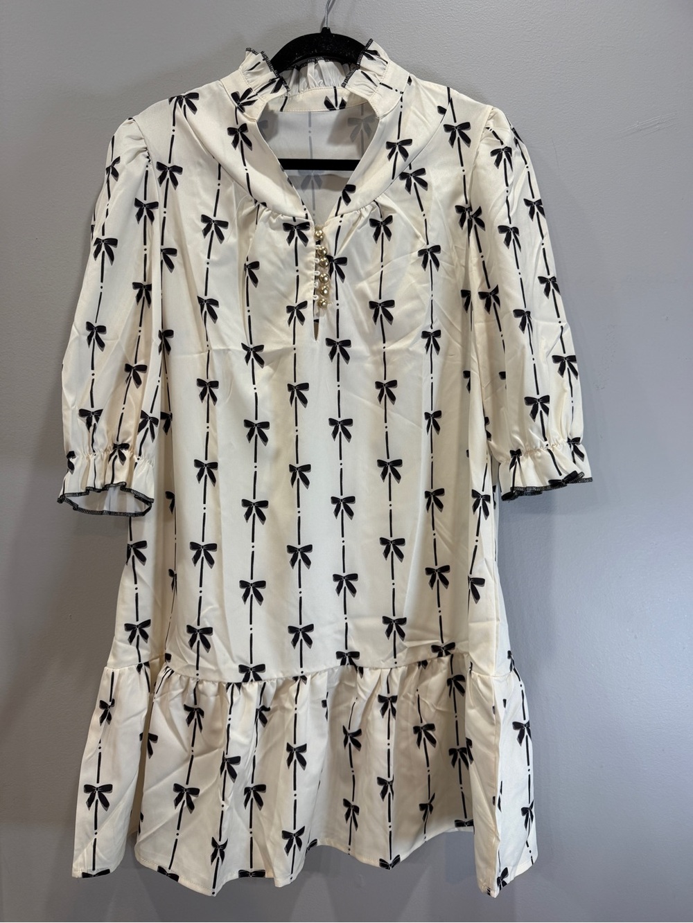 Cream Midi Dress with Black Bow Print